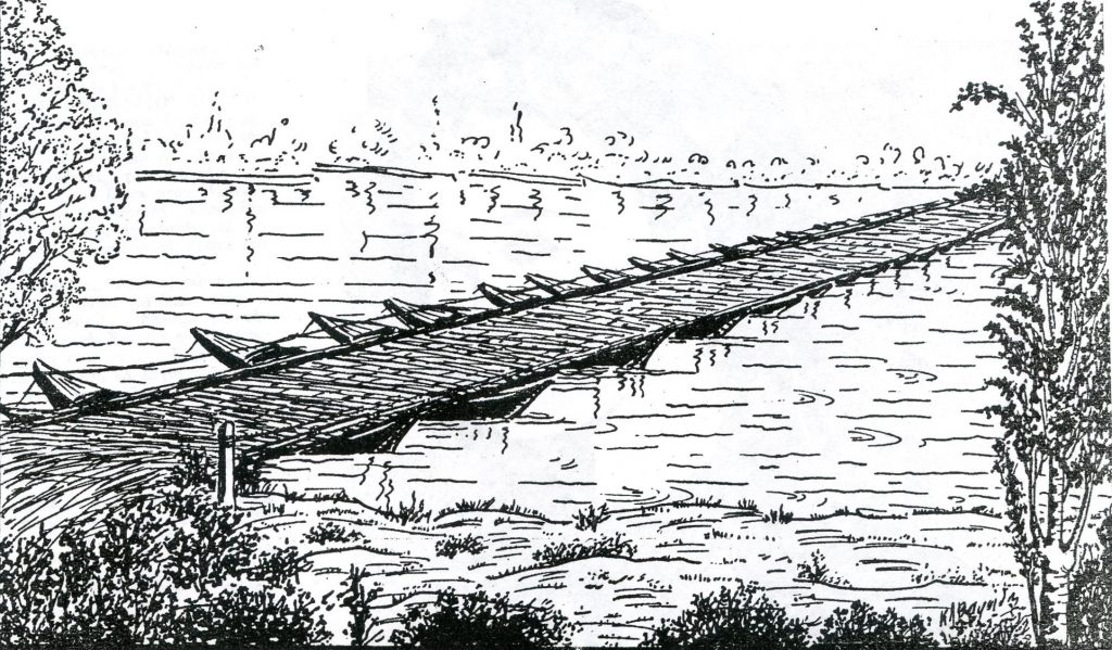 Η πλωτή γέφυρα του Αξιού, σκίτσο Κ. Βαφείδη δημοσιευμένο στο περιοδικό "Μακεδονική Ζωή", 1962